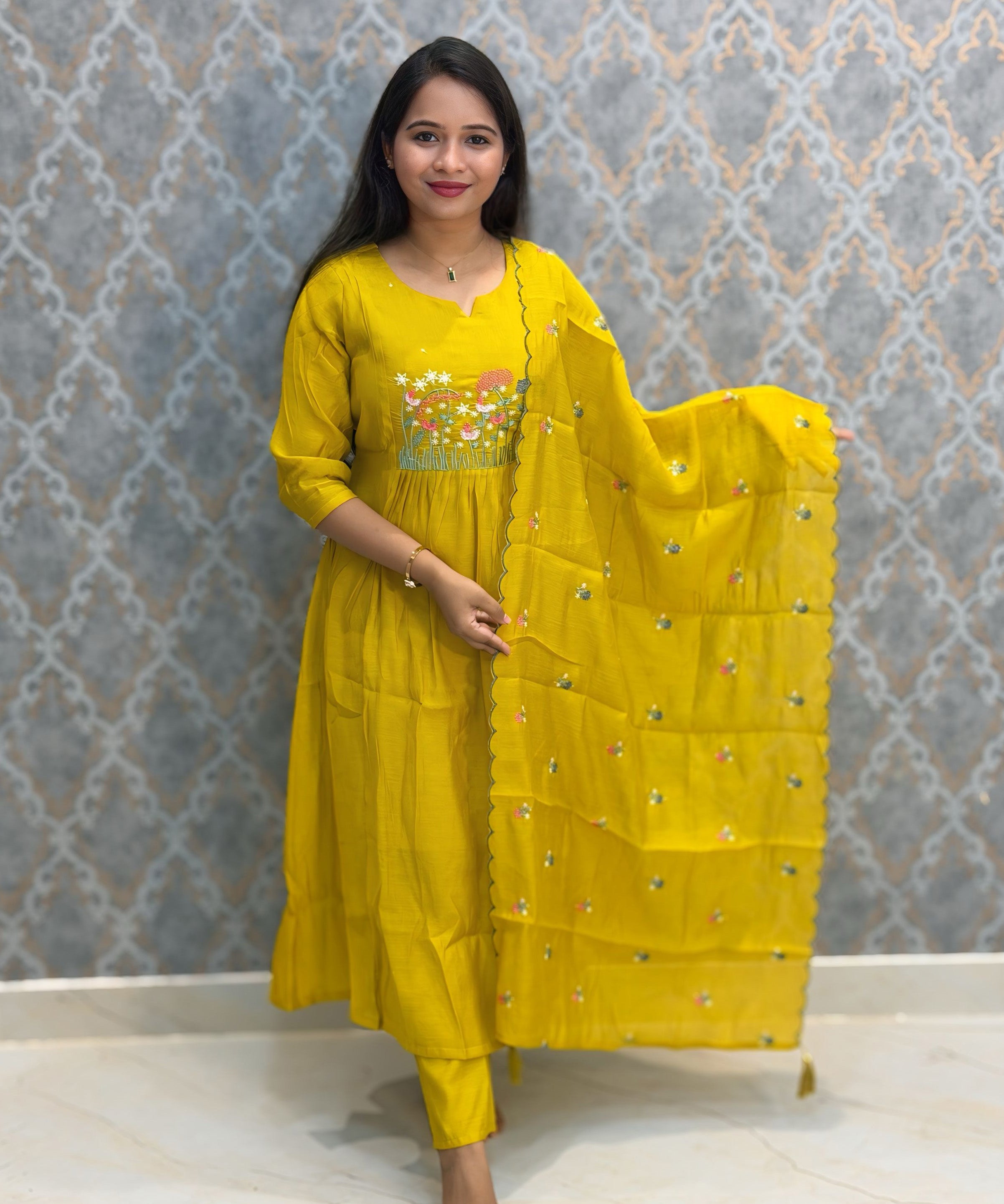 Yellow Color Premium Mul Chanderi Silk Embroidery 3 Piece Salwar Set with Lining /  ESS399