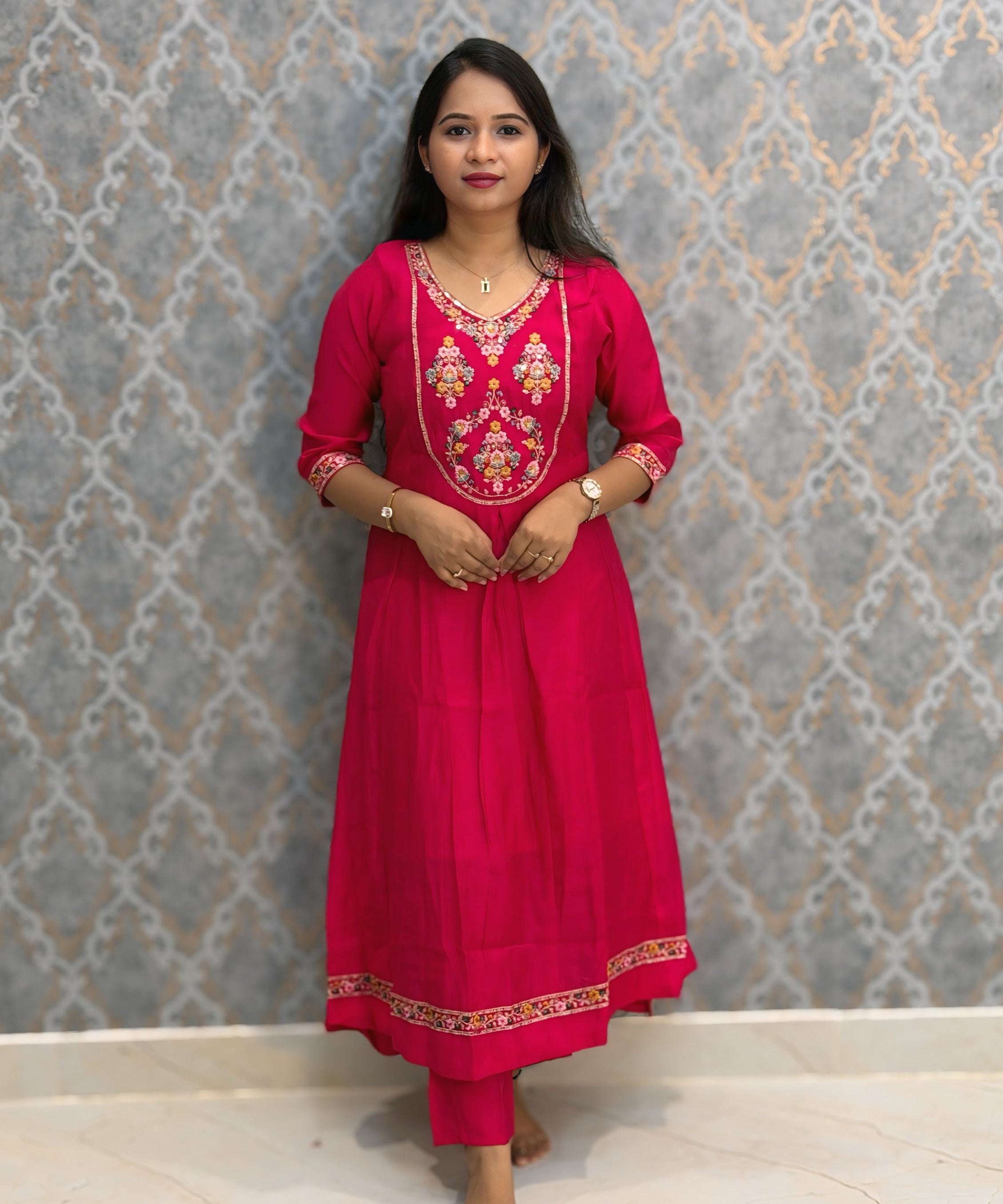 Cherry Pink Color Premium Mul Chanderi Silk Embroidery 3 Piece Salwar Set with Lining /  ESS399