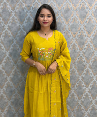 Yellow Color Premium Mul Chanderi Silk Embroidery 3 Piece Salwar Set with Lining /  ESS399