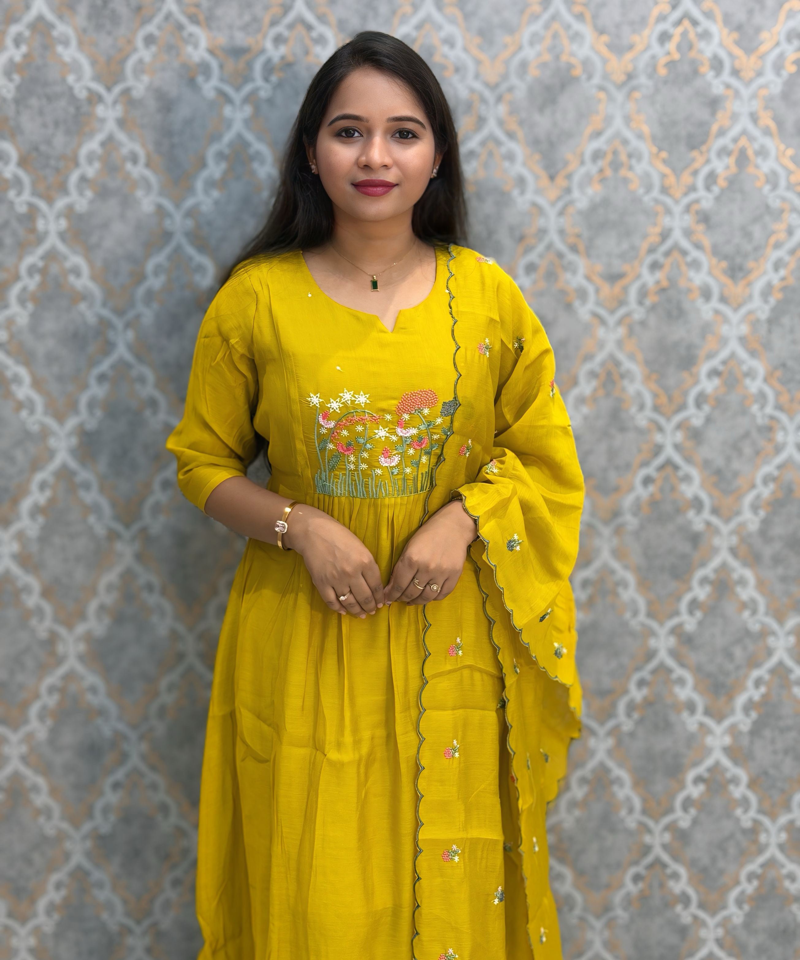 Yellow Color Premium Mul Chanderi Silk Embroidery 3 Piece Salwar Set with Lining /  ESS399