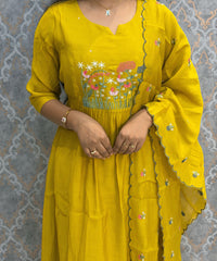 Yellow Color Premium Mul Chanderi Silk Embroidery 3 Piece Salwar Set with Lining /  ESS399