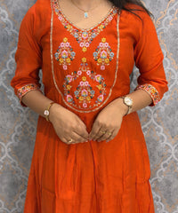 Rust Orange Color Premium Mul Chanderi Silk Embroidery 3 Piece Salwar Set with Lining /  ESS399