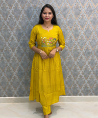Yellow Color Premium Mul Chanderi Silk Embroidery 3 Piece Salwar Set with Lining /  ESS399
