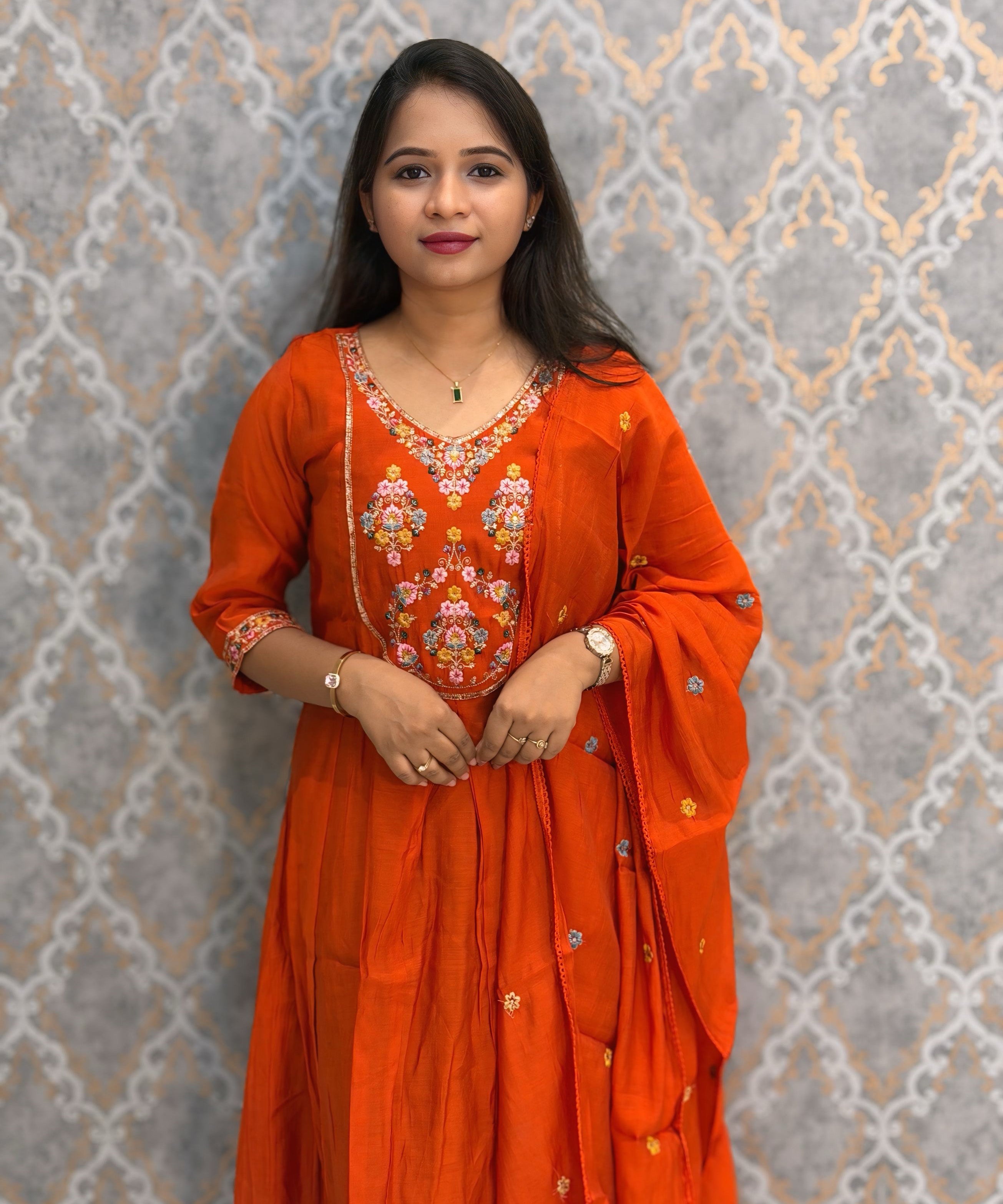 Rust Orange Color Premium Mul Chanderi Silk Embroidery 3 Piece Salwar Set with Lining /  ESS399