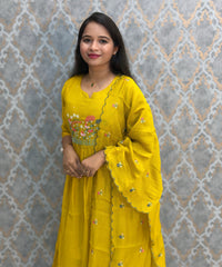 Yellow Color Premium Mul Chanderi Silk Embroidery 3 Piece Salwar Set with Lining /  ESS399