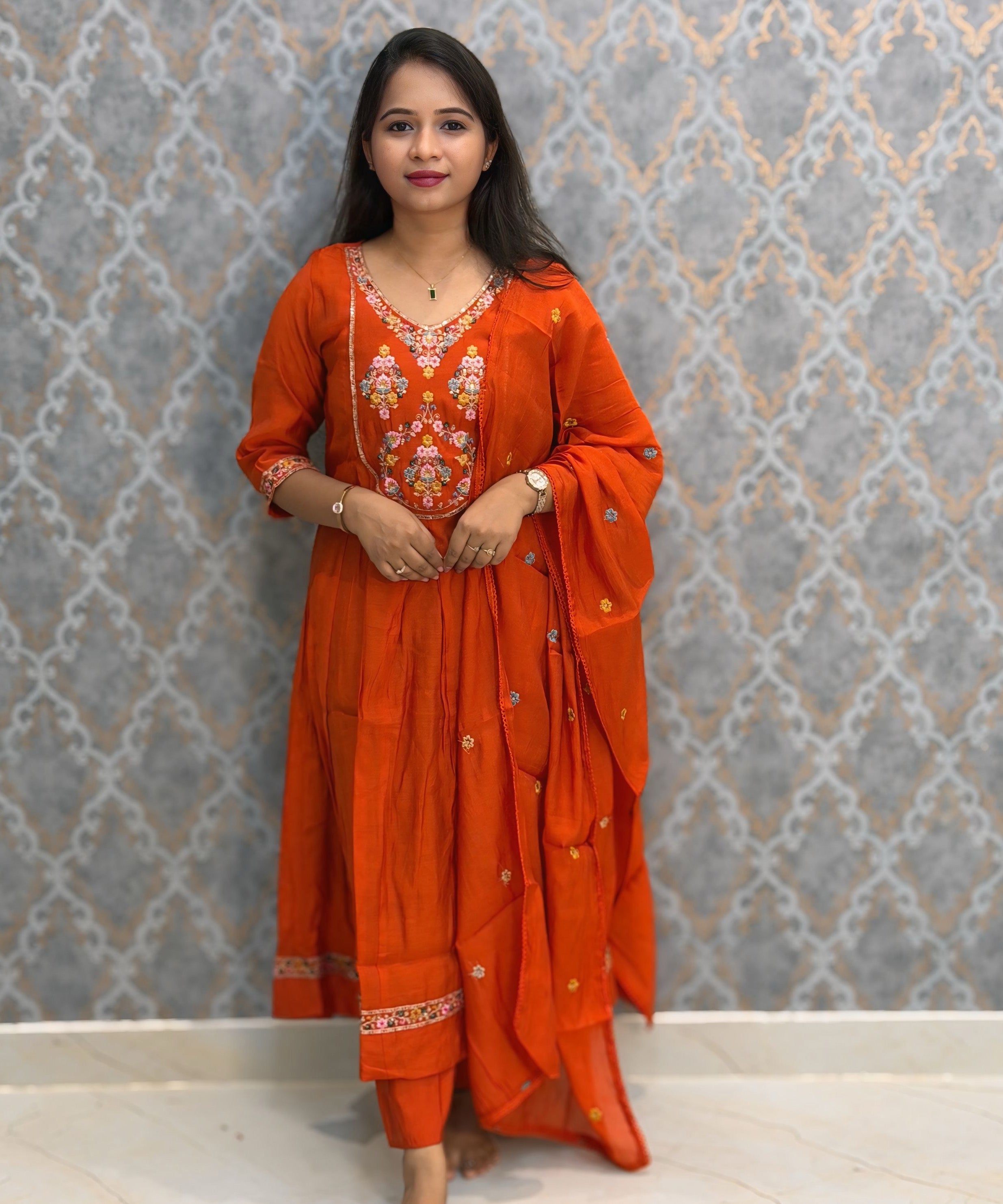 Rust Orange Color Premium Mul Chanderi Silk Embroidery 3 Piece Salwar Set with Lining /  ESS399