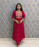 Dark Pink and Green Color Premium Mul Chanderi Silk Embroidery 3 Piece Salwar Set with Lining /  ESS399