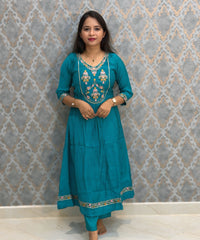 Rama Green Color Premium Mul Chanderi Silk Embroidery 3 Piece Salwar Set with Lining /  ESS399