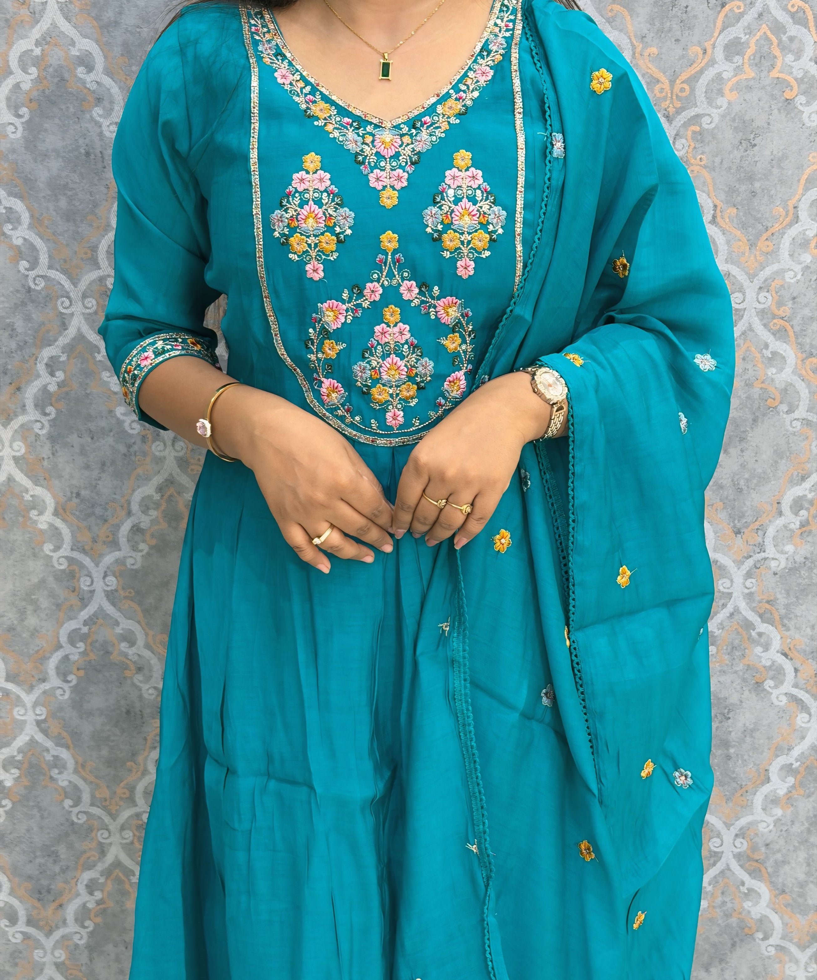 Rama Green Color Premium Mul Chanderi Silk Embroidery 3 Piece Salwar Set with Lining /  ESS399