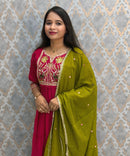 Dark Pink and Green Color Premium Mul Chanderi Silk Embroidery 3 Piece Salwar Set with Lining /  ESS399