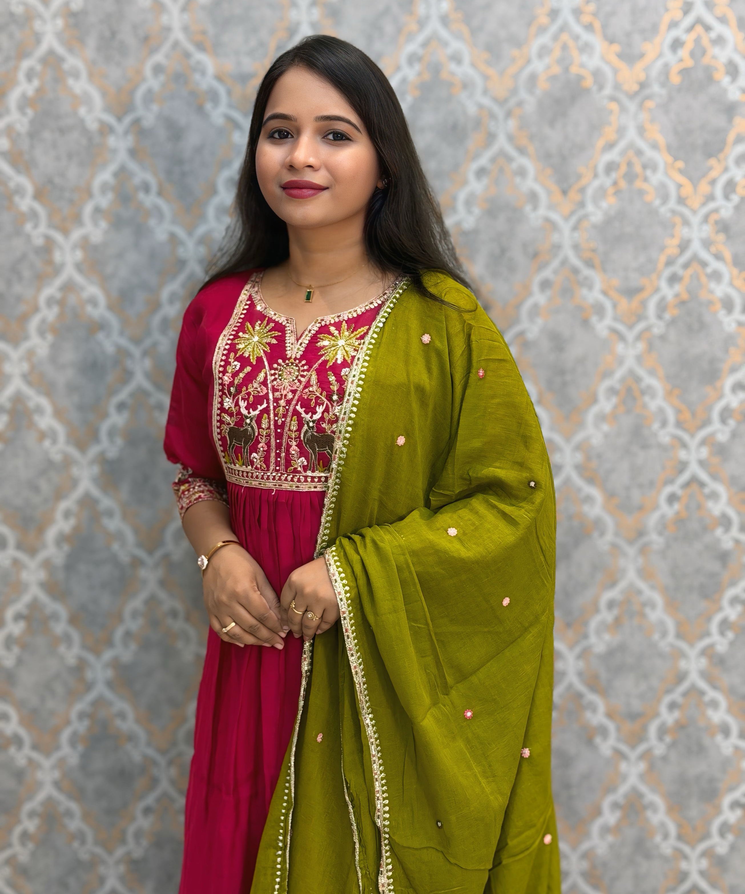 Dark Pink and Green Color Premium Mul Chanderi Silk Embroidery 3 Piece Salwar Set with Lining /  ESS399