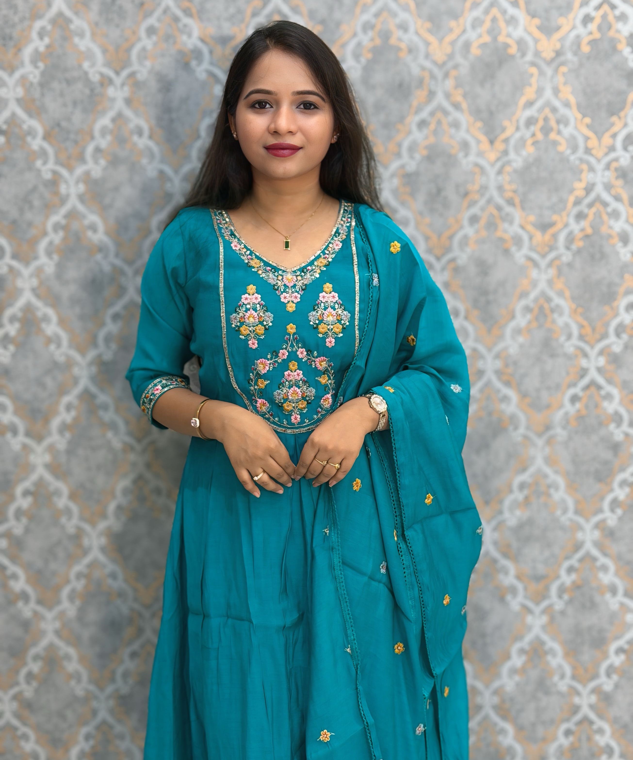 Rama Green Color Premium Mul Chanderi Silk Embroidery 3 Piece Salwar Set with Lining /  ESS399