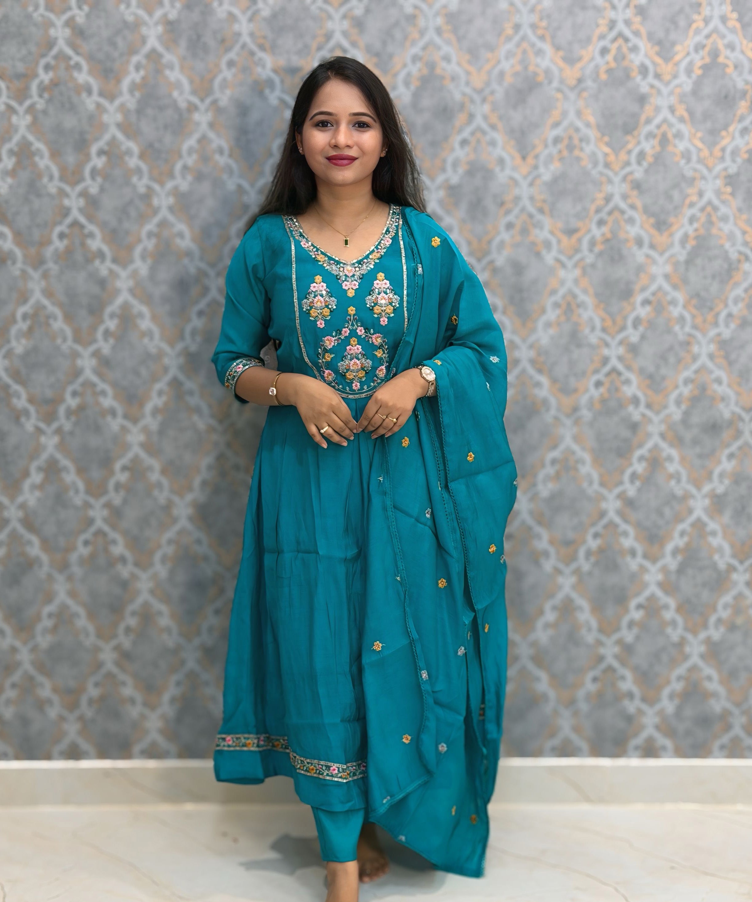 Rama Green Color Premium Mul Chanderi Silk Embroidery 3 Piece Salwar Set with Lining /  ESS399