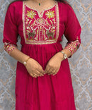 Dark Pink and Green Color Premium Mul Chanderi Silk Embroidery 3 Piece Salwar Set with Lining /  ESS399