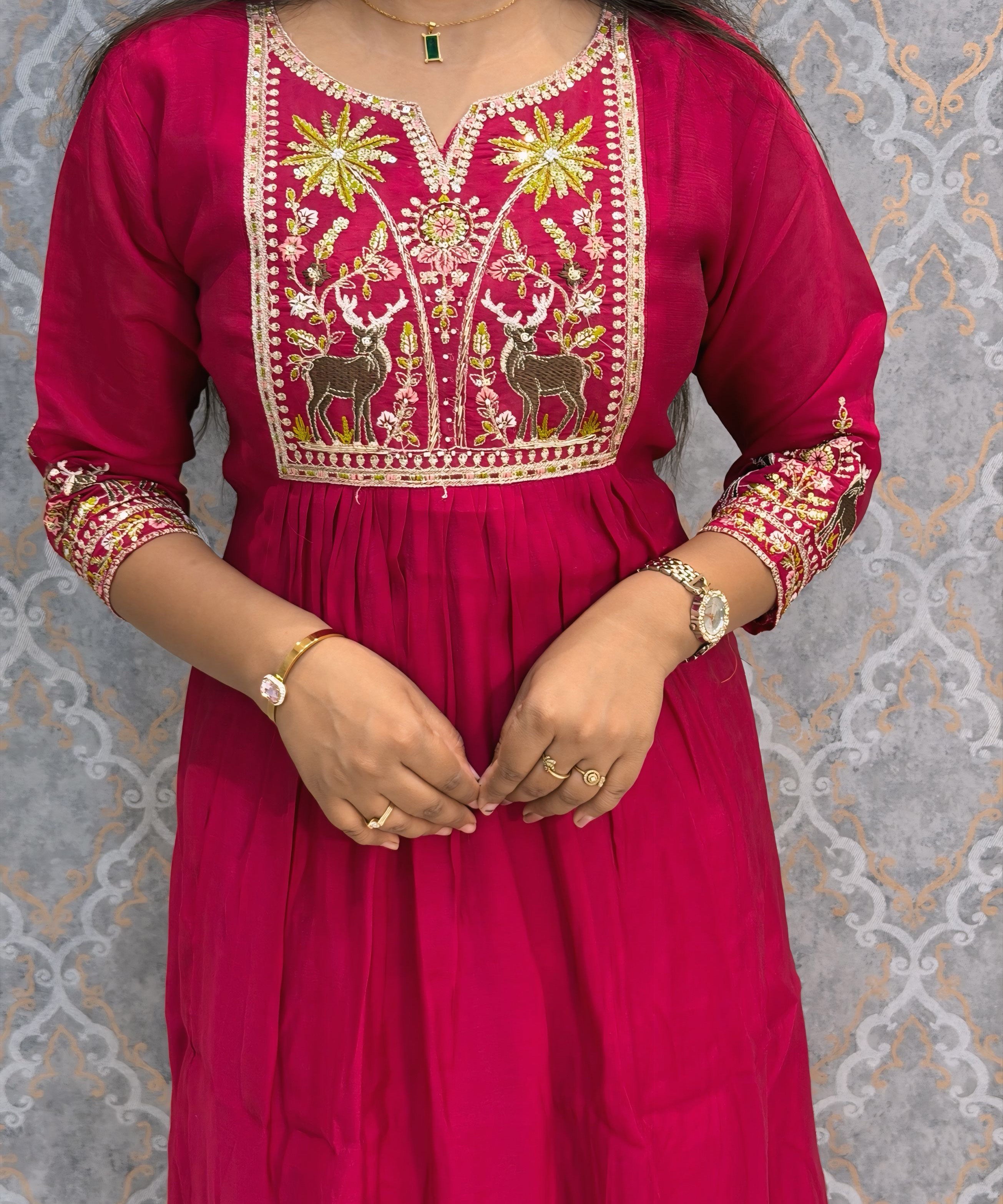 Dark Pink and Green Color Premium Mul Chanderi Silk Embroidery 3 Piece Salwar Set with Lining /  ESS399