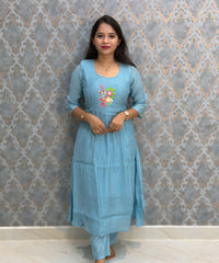 Blue Color Premium Mul Chanderi Silk Embroidery 3 Piece Salwar Set with Lining /  ESS399