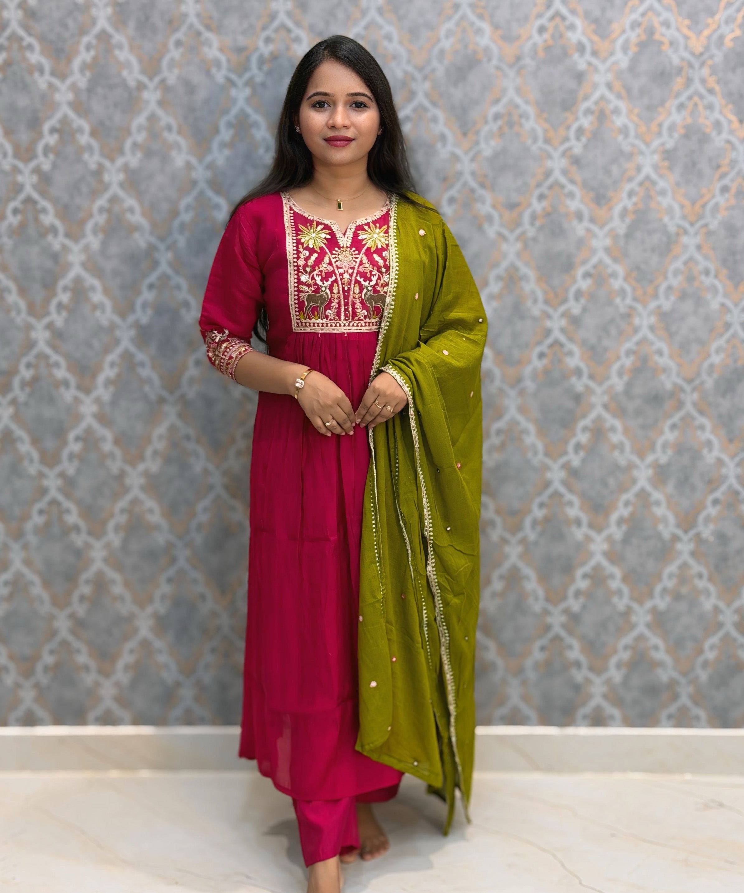 Dark Pink and Green Color Premium Mul Chanderi Silk Embroidery 3 Piece Salwar Set with Lining /  ESS399