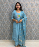 Blue Color Premium Mul Chanderi Silk Embroidery 3 Piece Salwar Set with Lining /  ESS399
