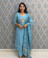 Blue Color Premium Mul Chanderi Silk Embroidery 3 Piece Salwar Set with Lining /  ESS399