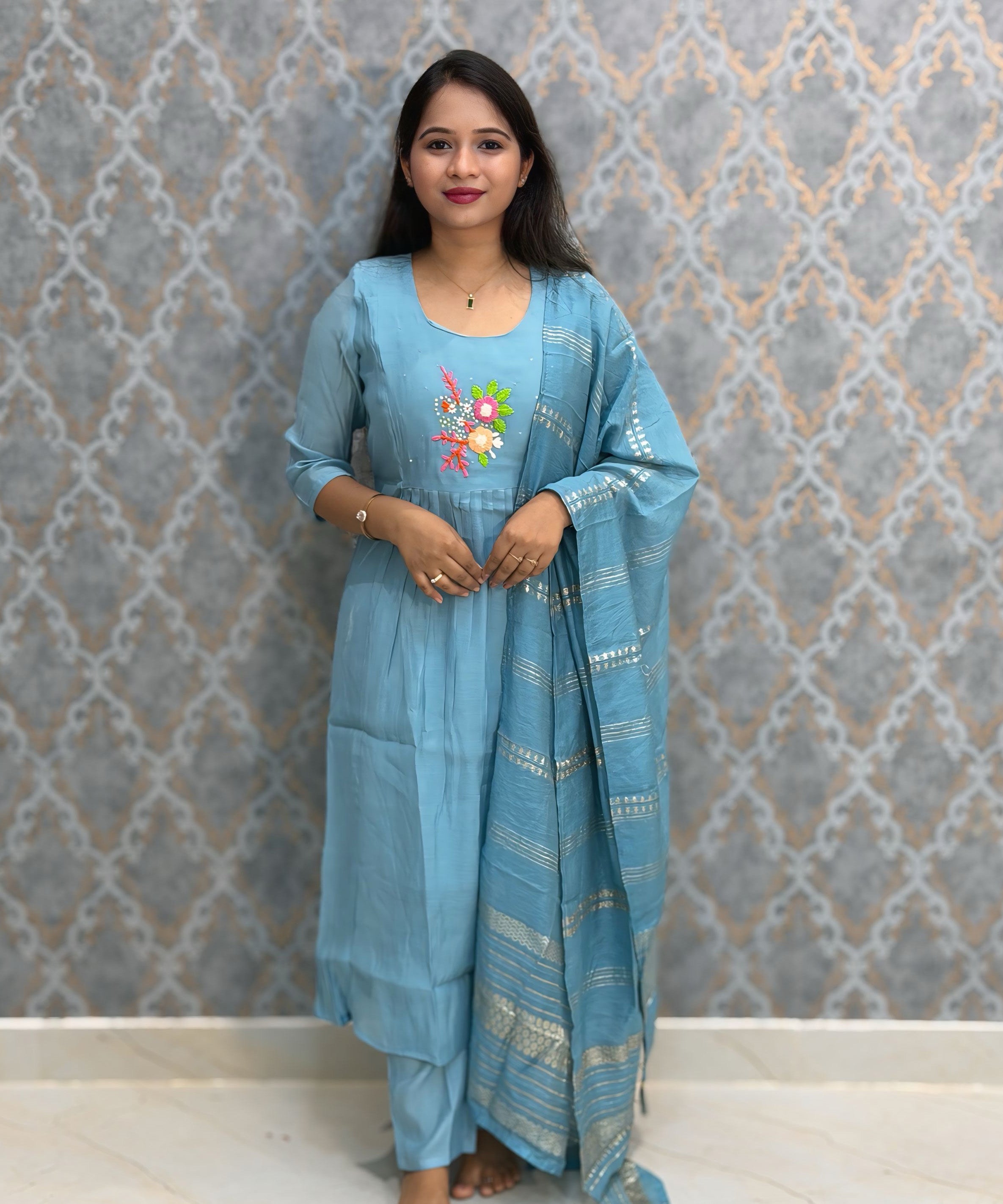 Blue Color Premium Mul Chanderi Silk Embroidery 3 Piece Salwar Set with Lining /  ESS399