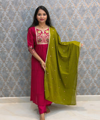 Dark Pink and Green Color Premium Mul Chanderi Silk Embroidery 3 Piece Salwar Set with Lining /  ESS399