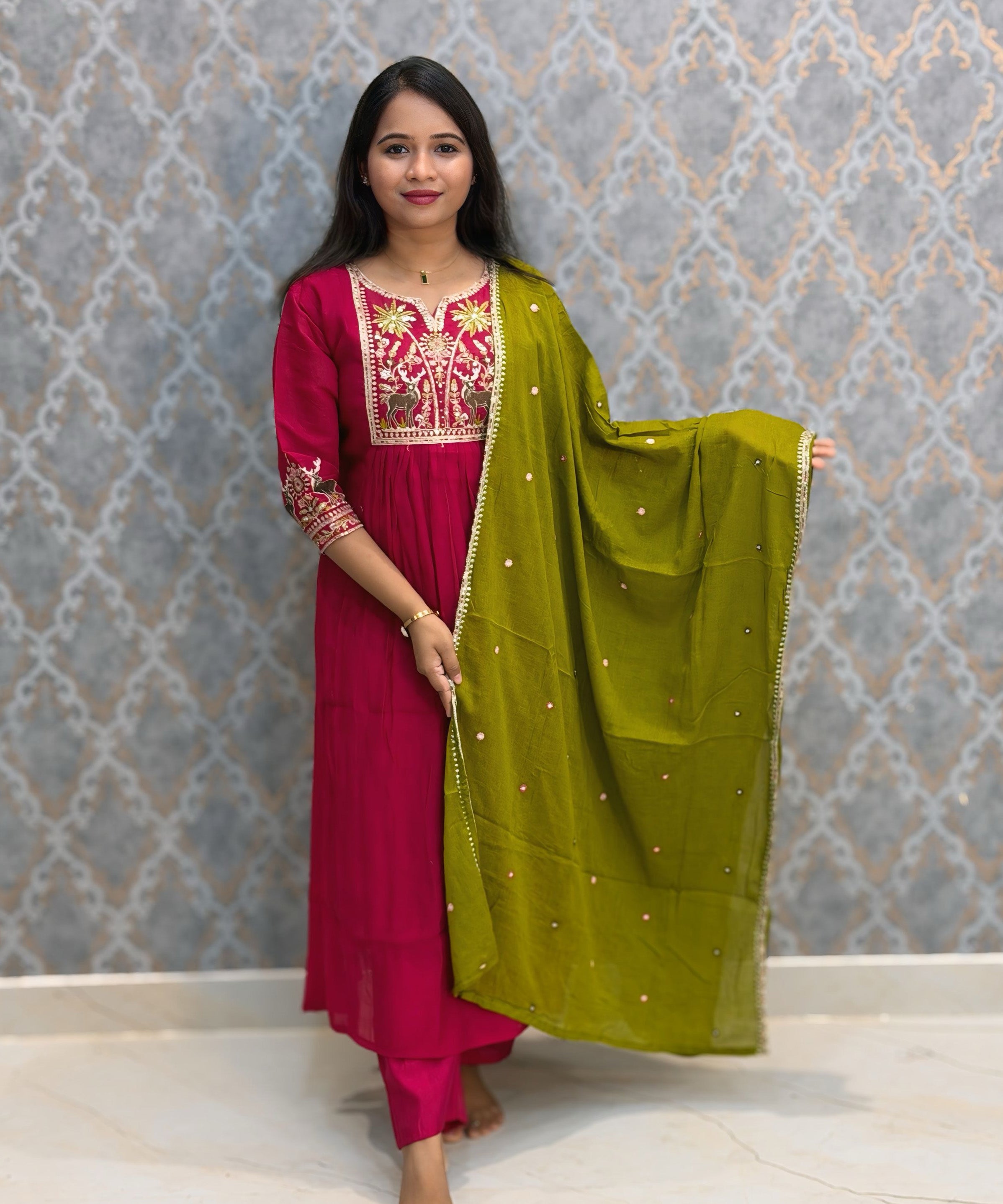 Dark Pink and Green Color Premium Mul Chanderi Silk Embroidery 3 Piece Salwar Set with Lining /  ESS399