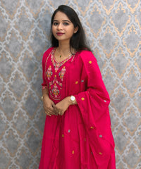 Cherry Pink Color Premium Mul Chanderi Silk Embroidery 3 Piece Salwar Set with Lining /  ESS399