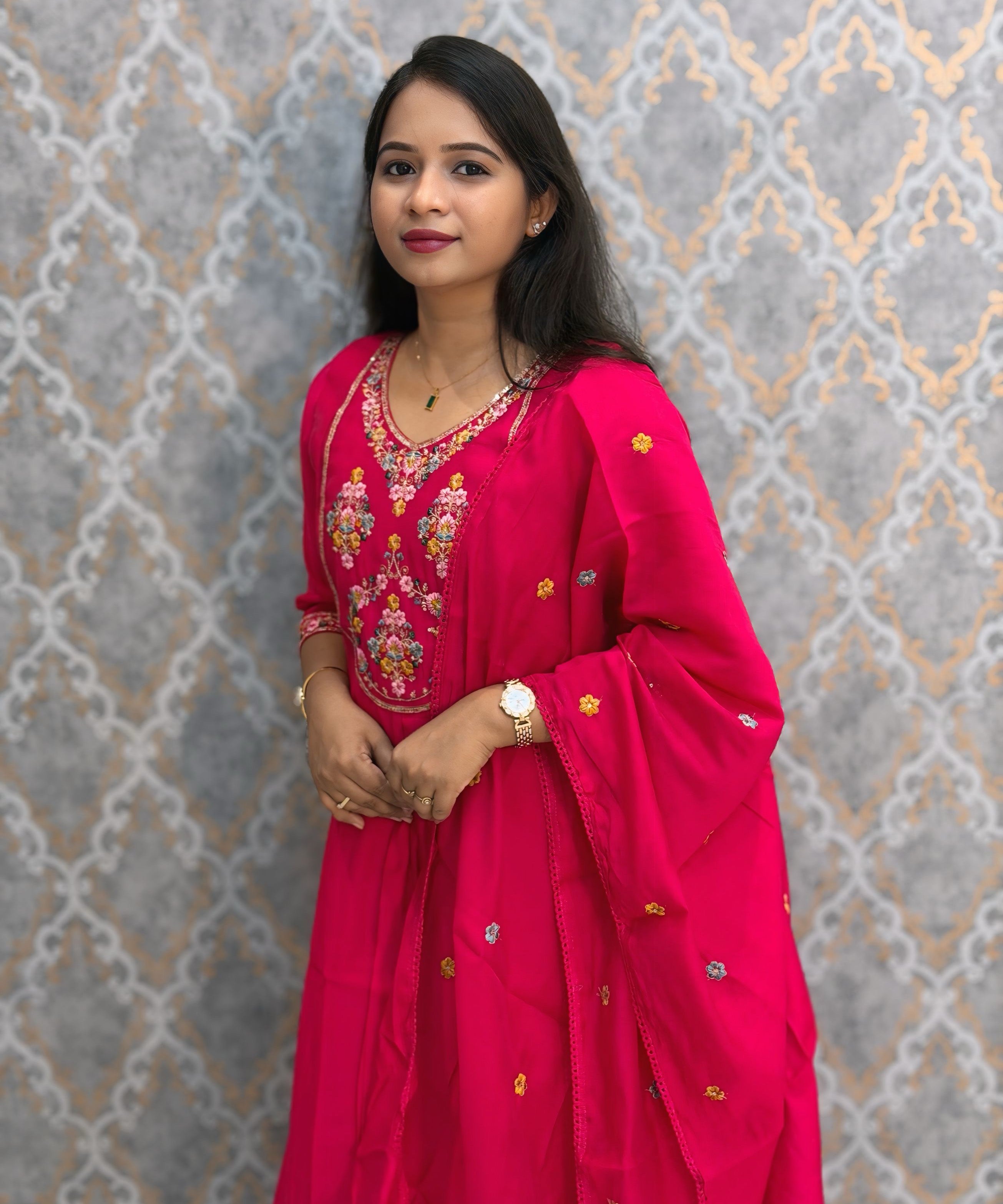 Cherry Pink Color Premium Mul Chanderi Silk Embroidery 3 Piece Salwar Set with Lining /  ESS399