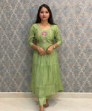 Green and Light Pink Color Premium Mul Chanderi Silk Embroidery 3 Piece Salwar Set with Lining /  ESS399