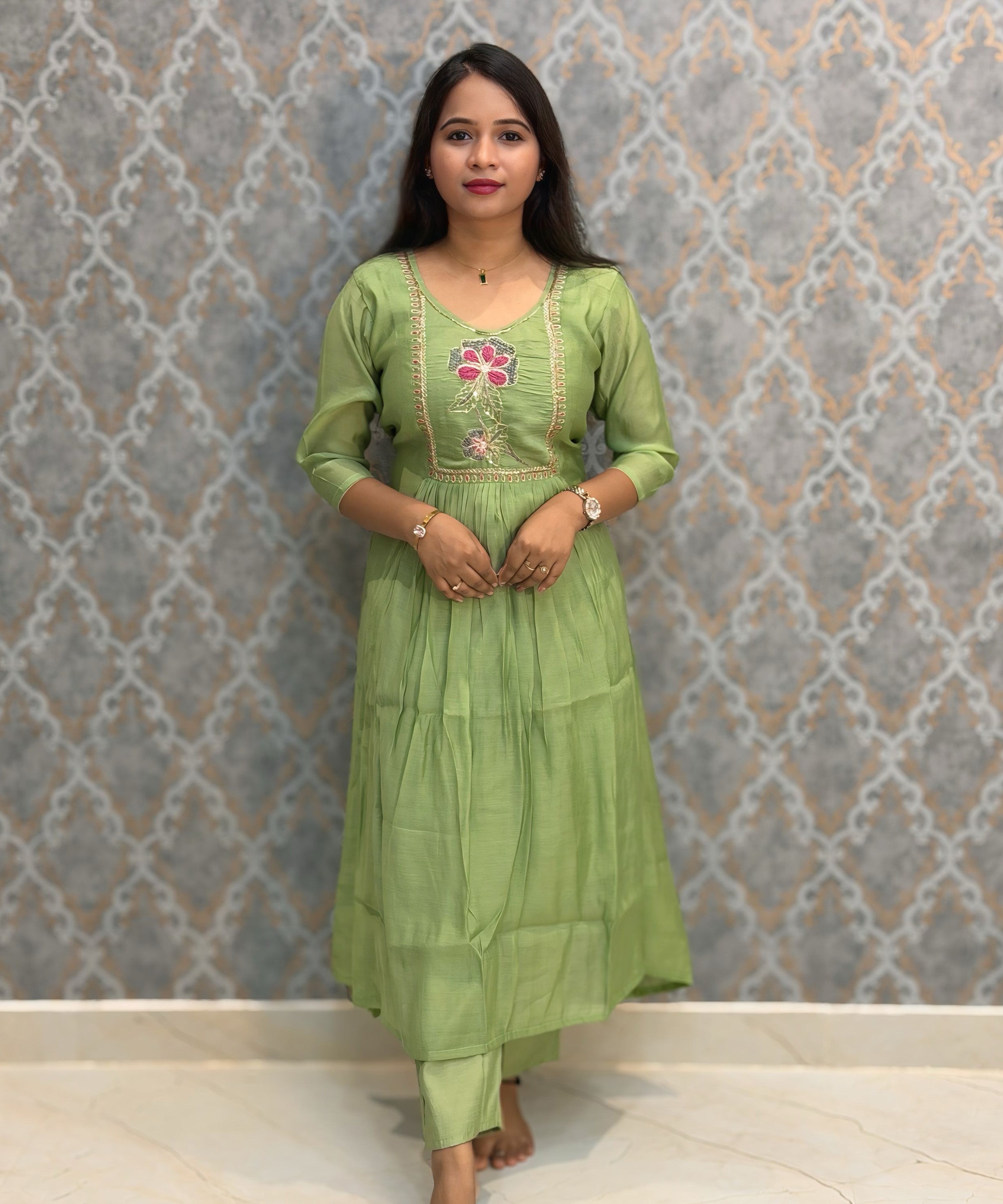 Green and Light Pink Color Premium Mul Chanderi Silk Embroidery 3 Piece Salwar Set with Lining /  ESS399