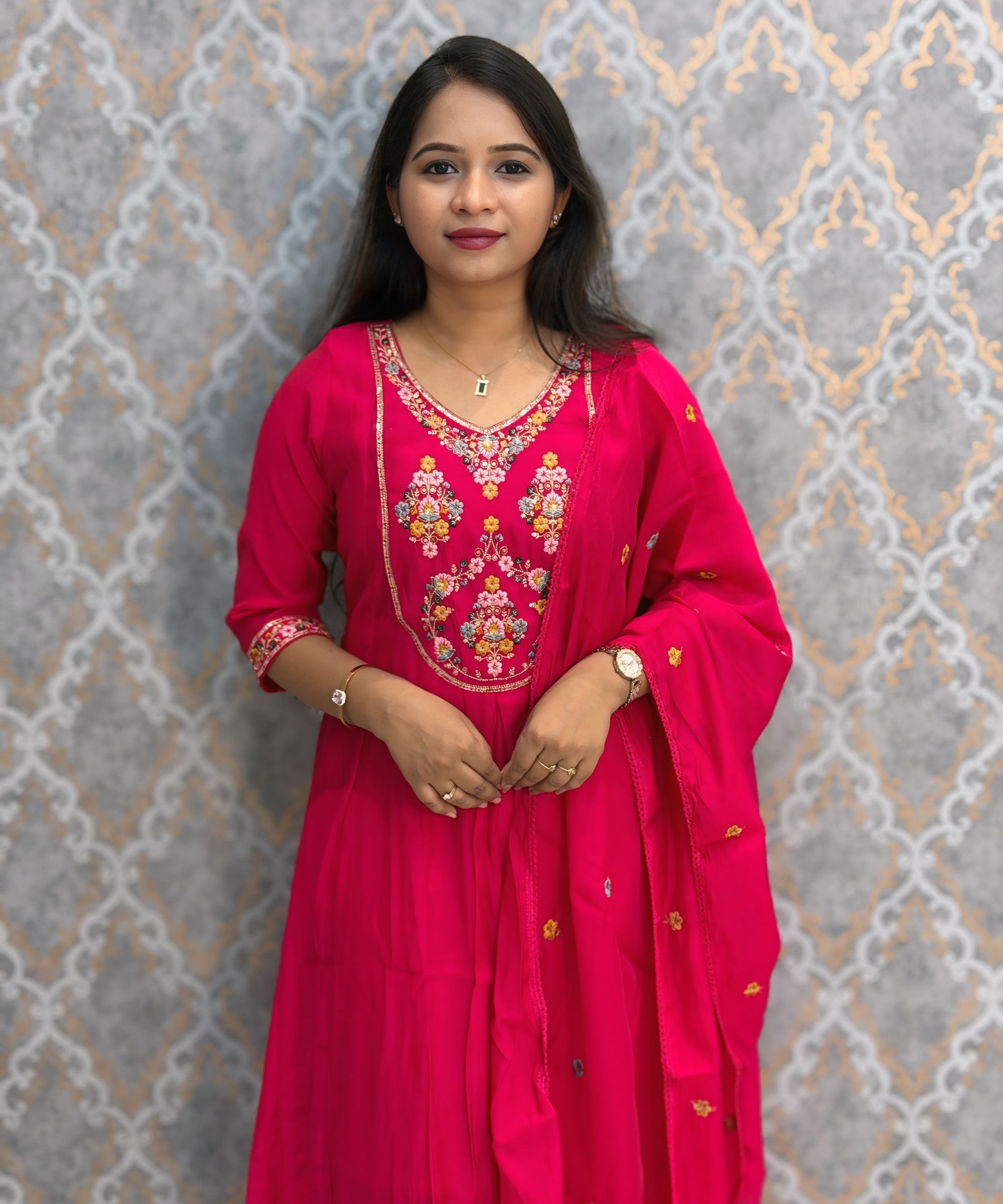 Cherry Pink Color Premium Mul Chanderi Silk Embroidery 3 Piece Salwar Set with Lining /  ESS399