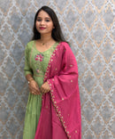 Green and Light Pink Color Premium Mul Chanderi Silk Embroidery 3 Piece Salwar Set with Lining /  ESS399