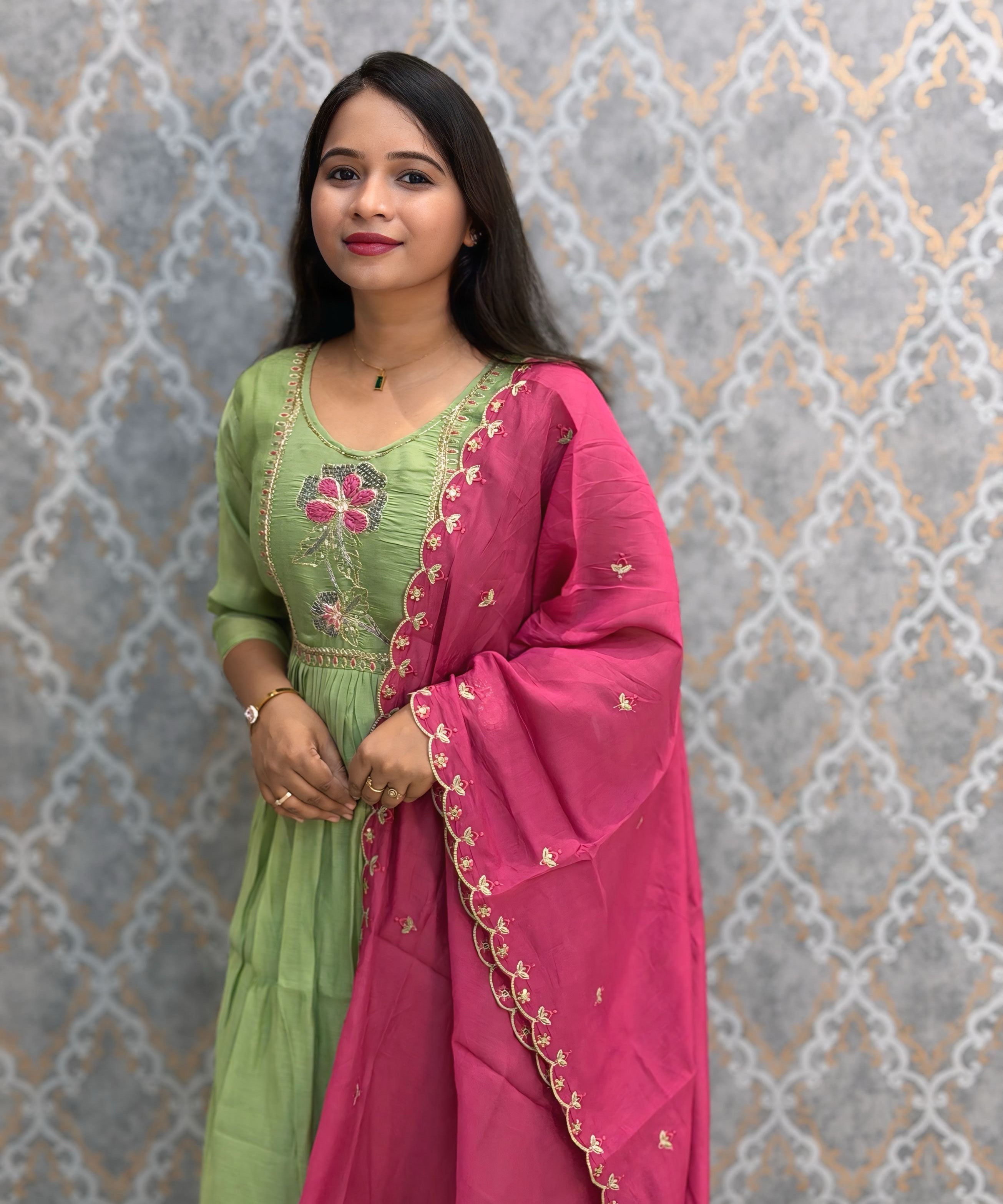 Green and Light Pink Color Premium Mul Chanderi Silk Embroidery 3 Piece Salwar Set with Lining /  ESS399