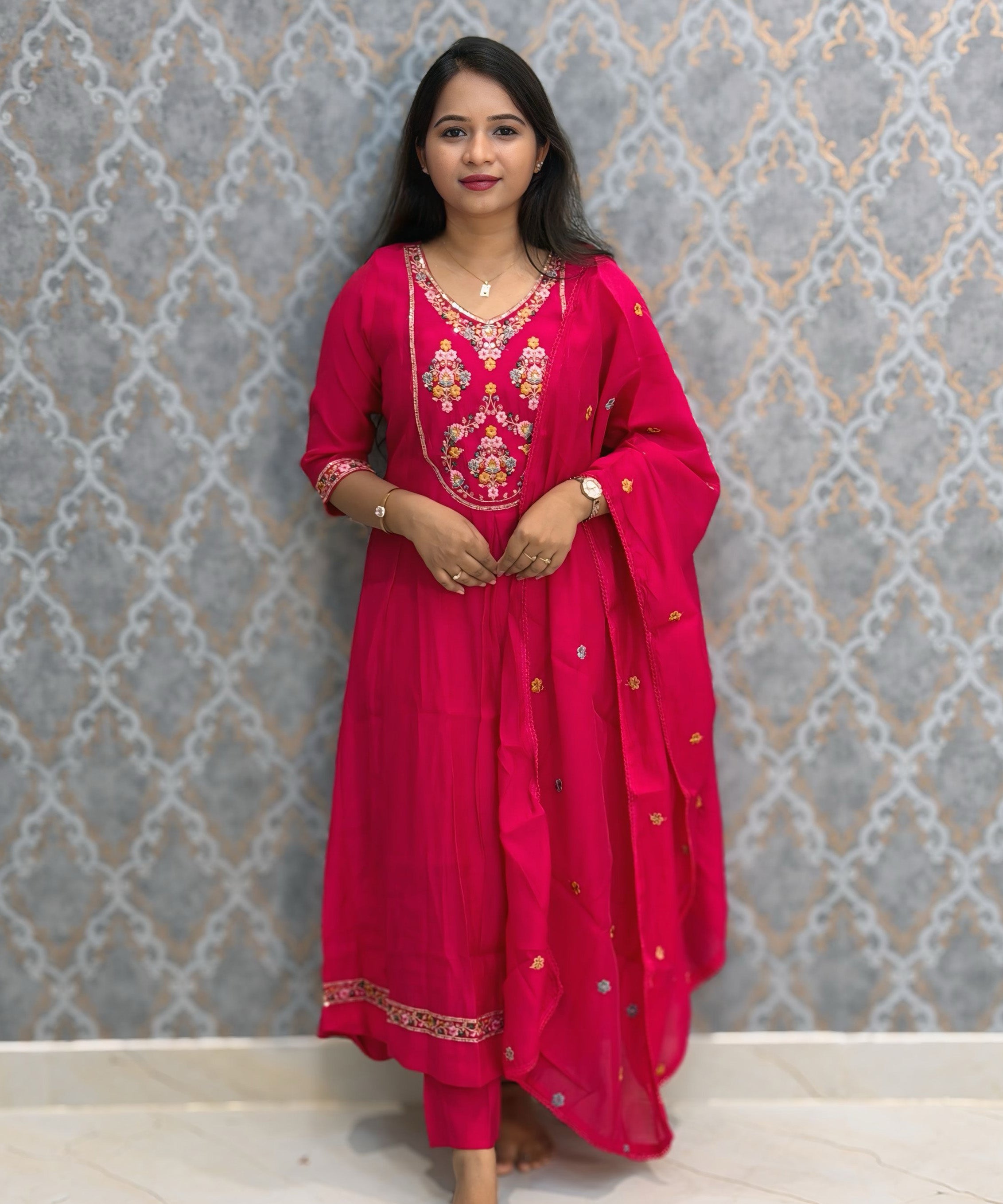 Cherry Pink Color Premium Mul Chanderi Silk Embroidery 3 Piece Salwar Set with Lining /  ESS399