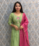 Green and Light Pink Color Premium Mul Chanderi Silk Embroidery 3 Piece Salwar Set with Lining /  ESS399