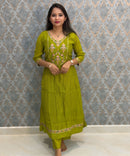 Green Color Premium Mul Chanderi Silk Embroidery 3 Piece Salwar Set with Lining /  ESS399