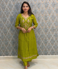 Green Color Premium Mul Chanderi Silk Embroidery 3 Piece Salwar Set with Lining /  ESS399