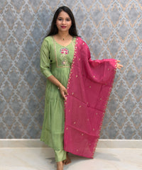 Green and Light Pink Color Premium Mul Chanderi Silk Embroidery 3 Piece Salwar Set with Lining /  ESS399