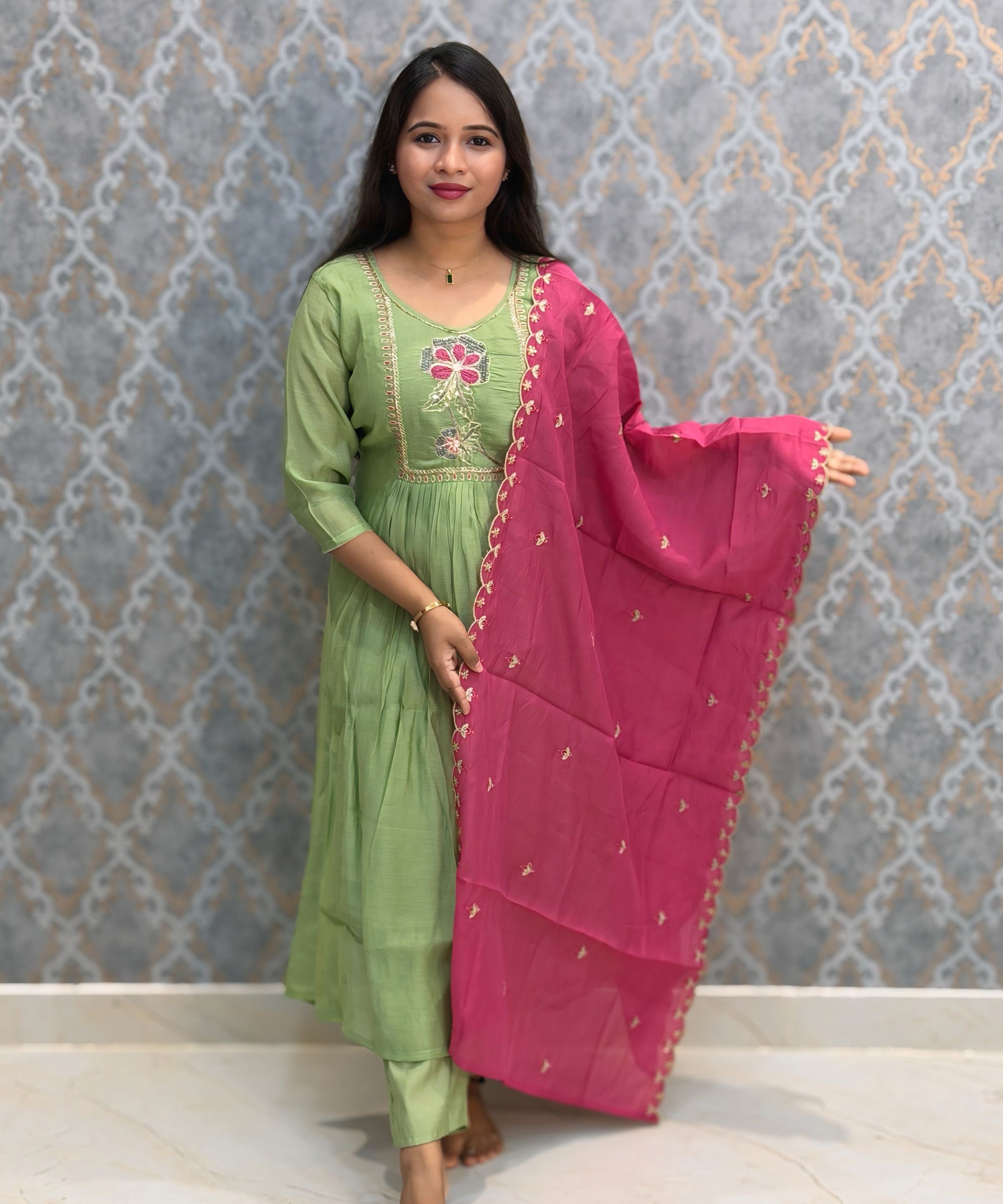 Green and Light Pink Color Premium Mul Chanderi Silk Embroidery 3 Piece Salwar Set with Lining /  ESS399