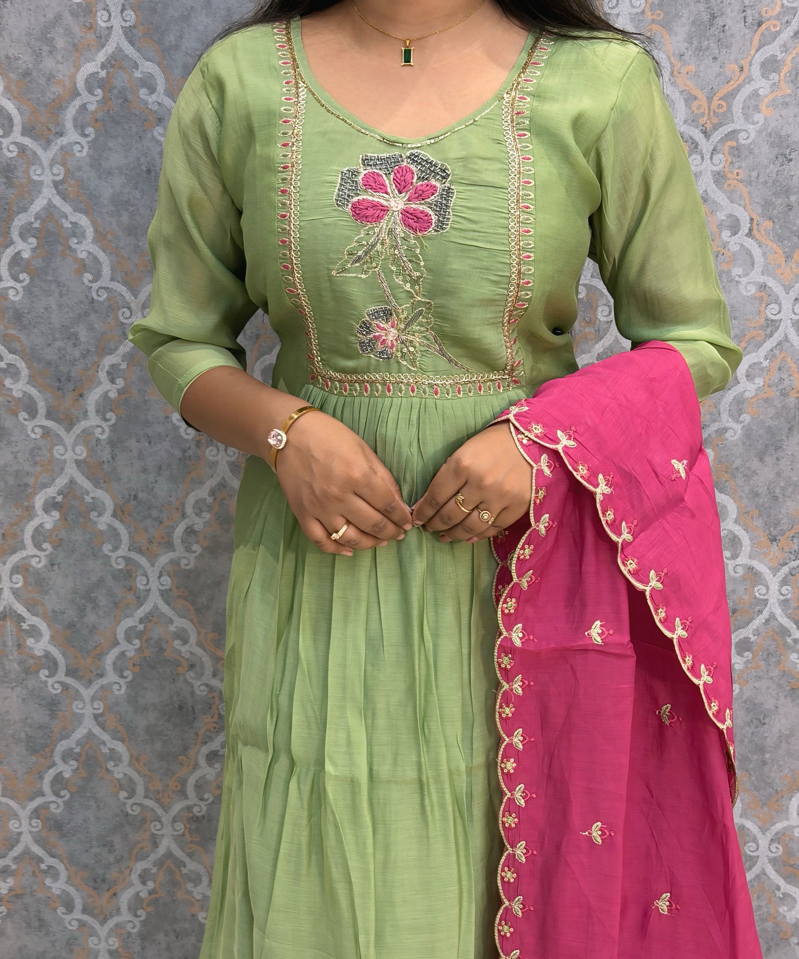 Green and Light Pink Color Premium Mul Chanderi Silk Embroidery 3 Piece Salwar Set with Lining /  ESS399