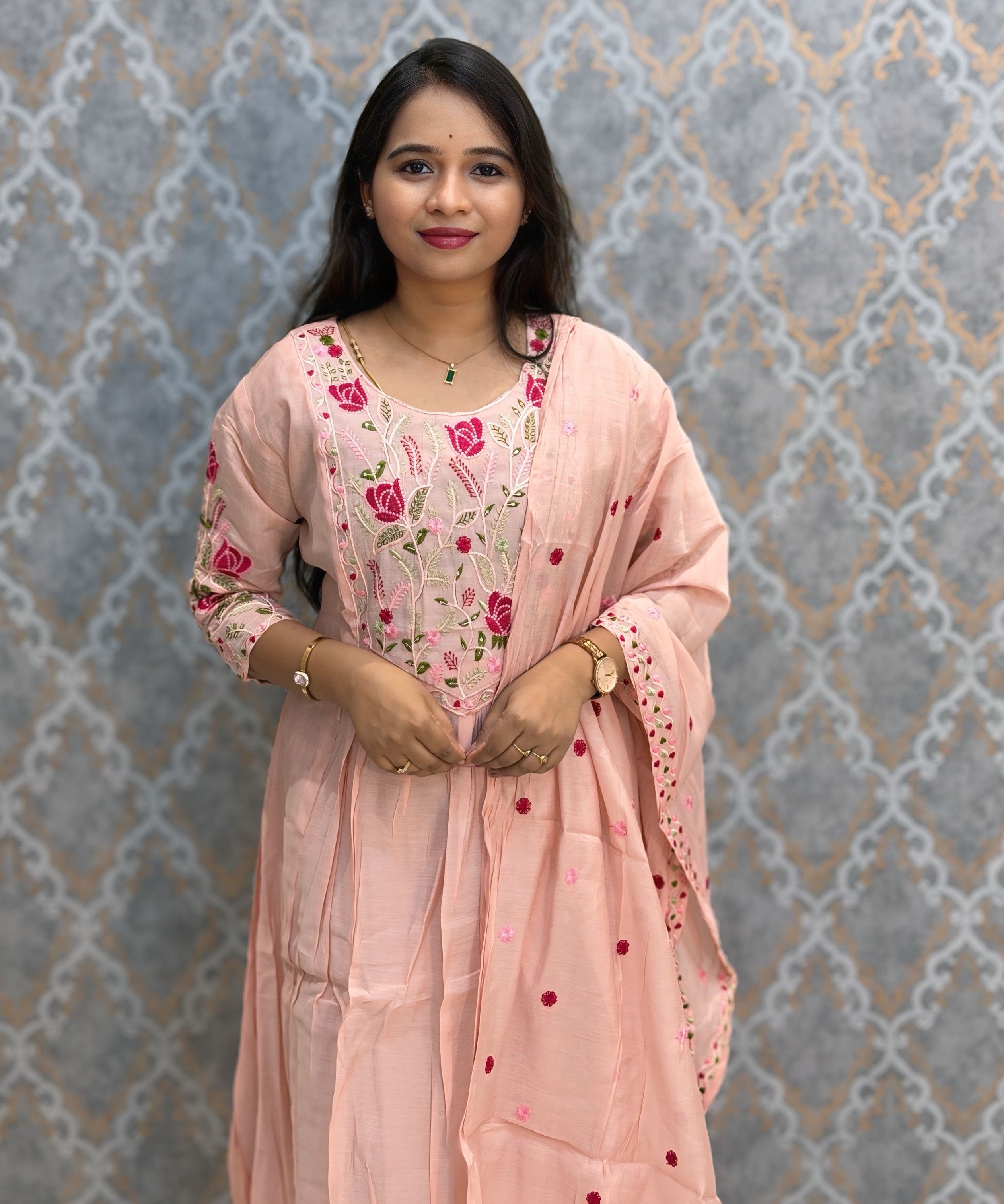 Pink Color Premium Mul Chanderi Silk Embroidery 3 Piece Salwar Set with Lining /  ESS414