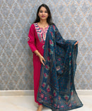 Pink and Teal Blue Color Premium Flex Cotton Embroidery 3 Piece Salwar Set with Lining /  ESS414