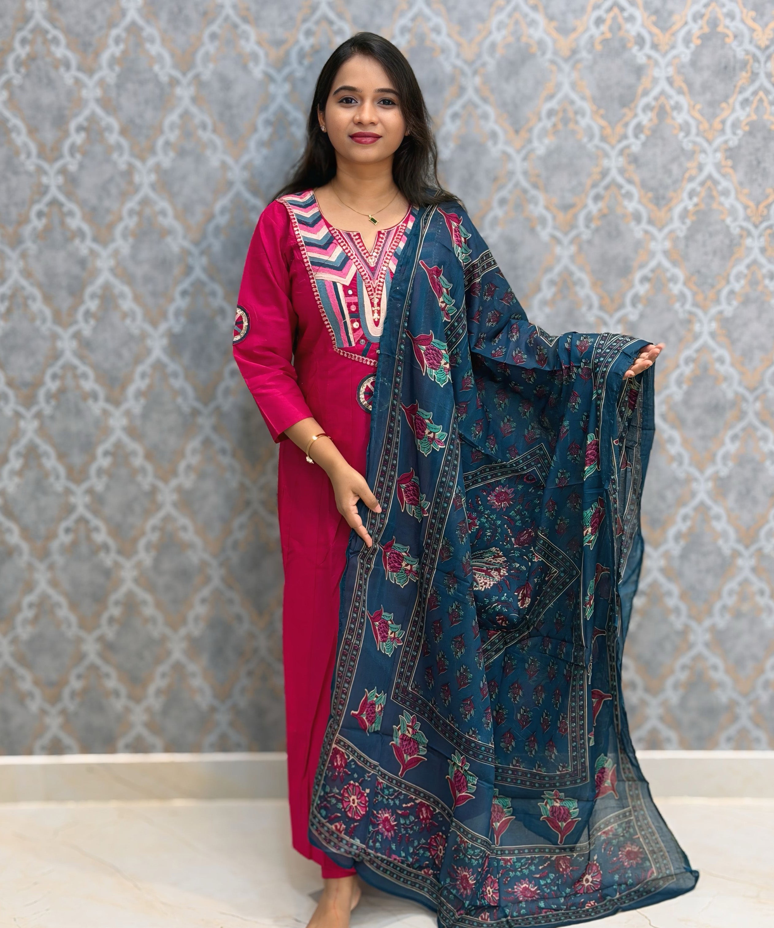 Pink and Teal Blue Color Premium Flex Cotton Embroidery 3 Piece Salwar Set with Lining /  ESS414
