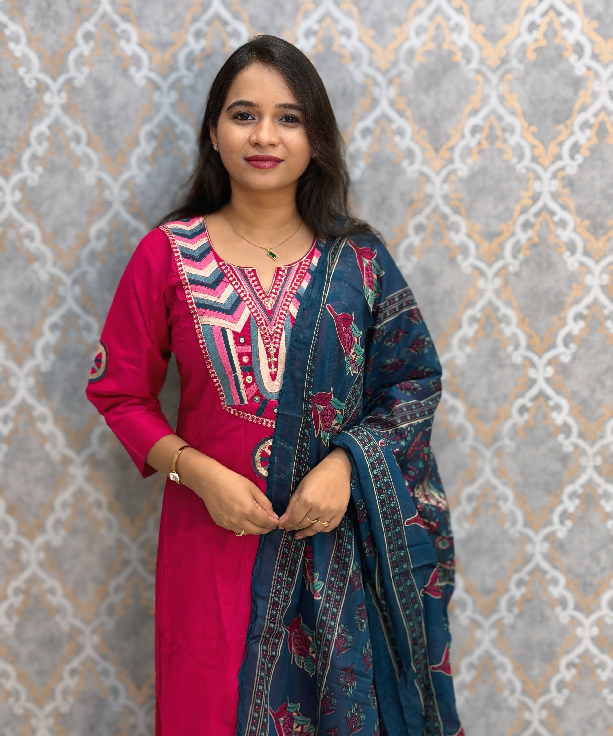 Pink and Teal Blue Color Premium Flex Cotton Embroidery 3 Piece Salwar Set with Lining /  ESS414