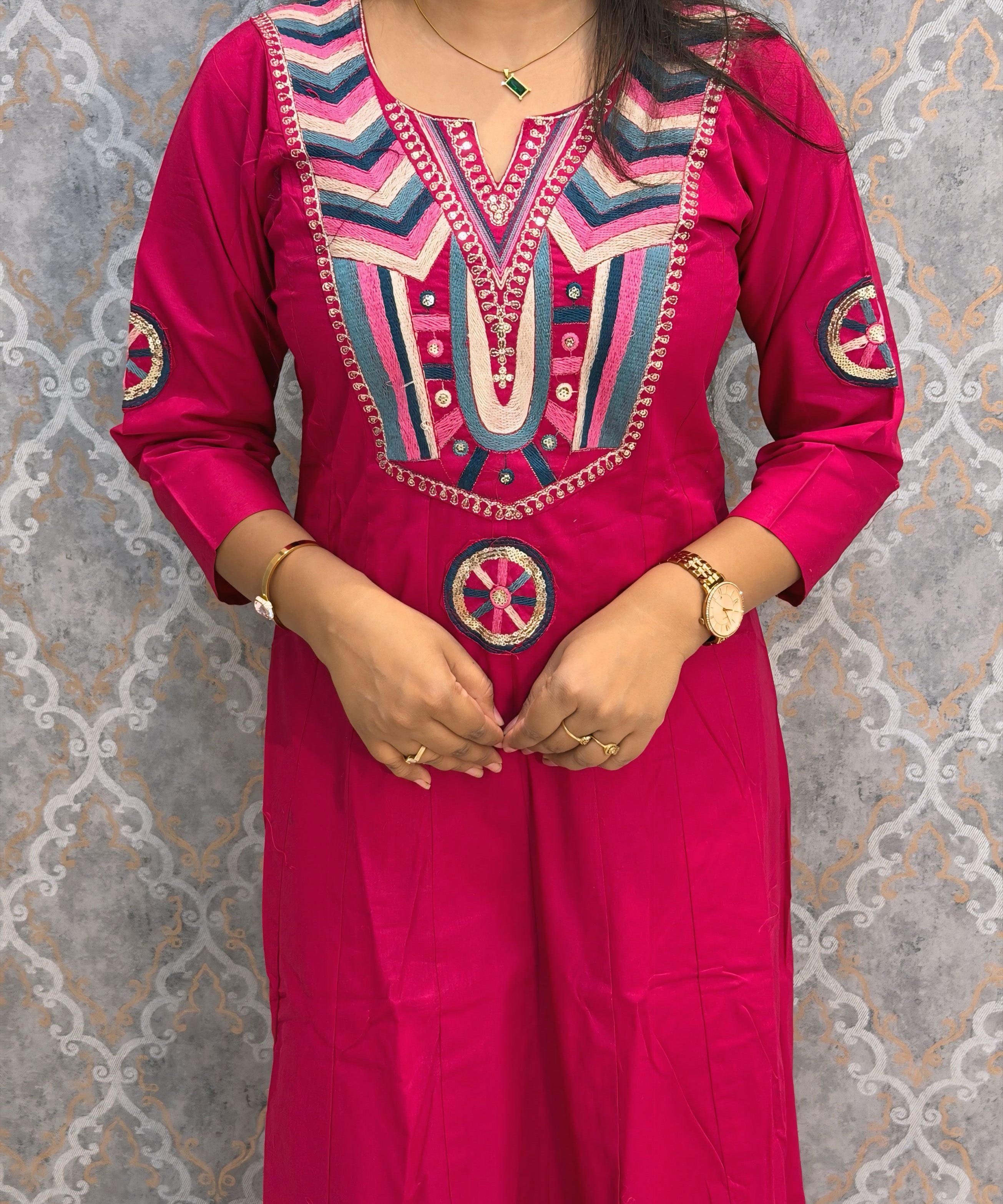 Pink and Teal Blue Color Premium Flex Cotton Embroidery 3 Piece Salwar Set with Lining /  ESS414