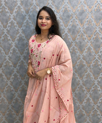 Pink Color Premium Mul Chanderi Silk Embroidery 3 Piece Salwar Set with Lining /  ESS414