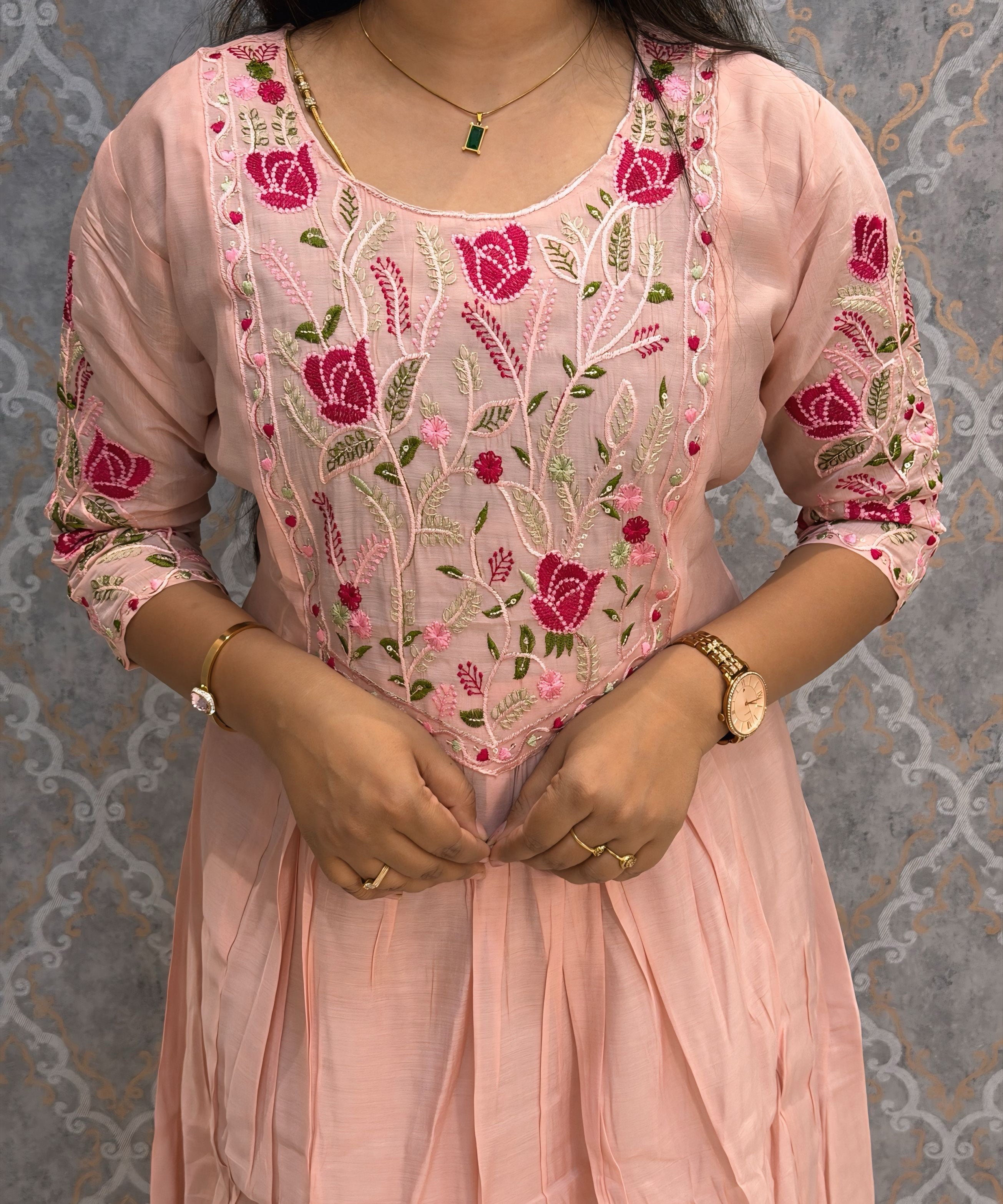 Pink Color Premium Mul Chanderi Silk Embroidery 3 Piece Salwar Set with Lining /  ESS414