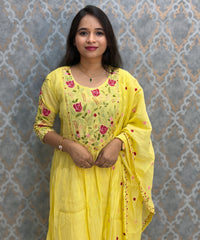 Yellow Color Premium Mul Chanderi Silk Embroidery 3 Piece Salwar Set with Lining /  ESS414