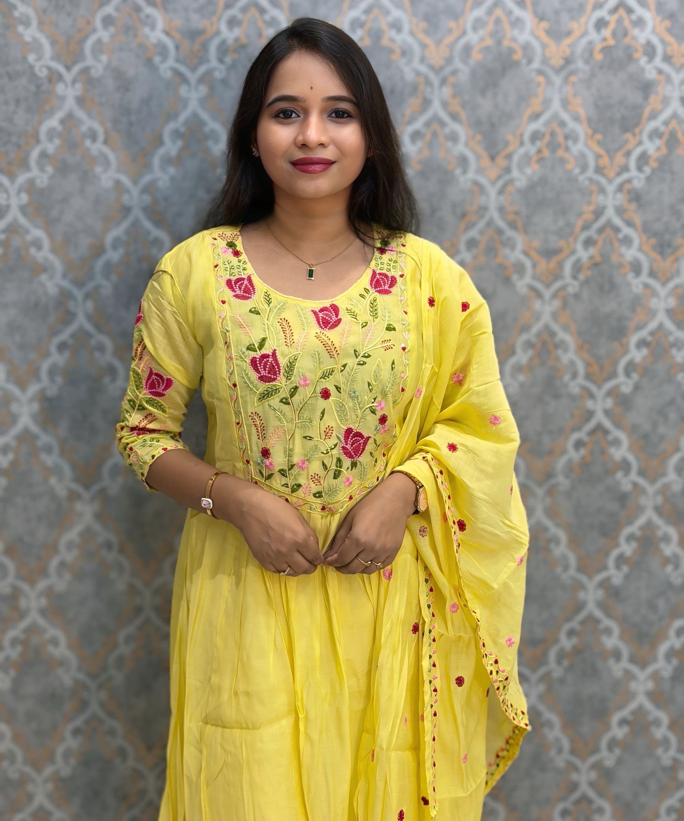 Yellow Color Premium Mul Chanderi Silk Embroidery 3 Piece Salwar Set with Lining /  ESS414