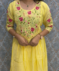 Yellow Color Premium Mul Chanderi Silk Embroidery 3 Piece Salwar Set with Lining /  ESS414
